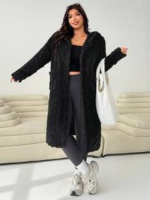 Solflare Plus Size Textured Thick Double-Sided Fleece Long Jacket, Autumn/Winter Fall Plus Size Winter Clothes - Black - View 5