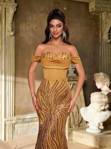 Glamrae Váy dạ hội sang trọng, đính ngọc trai và kim sa lấp lánh, trễ vai, tay loe, cổ xếp ly, viền đuôi cá, có thể điều chỉnh, phù hợp cho đám cưới, tiệc tùng, lễ tốt nghiệp và mọi dịp trang trọng - Rượu sâm banh - Xem 5