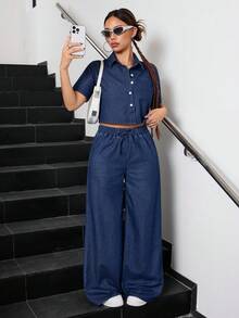 SHEIN 2pcs/Set Teen Girl Dark Blue Denim Short Sleeve Cropped Shirt And Loose Fit Pants