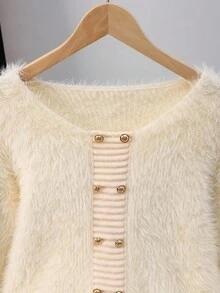 SHEIN Franclia 女士双排扣仿皮草长袖毛衣 - 杏色 - 查看 3