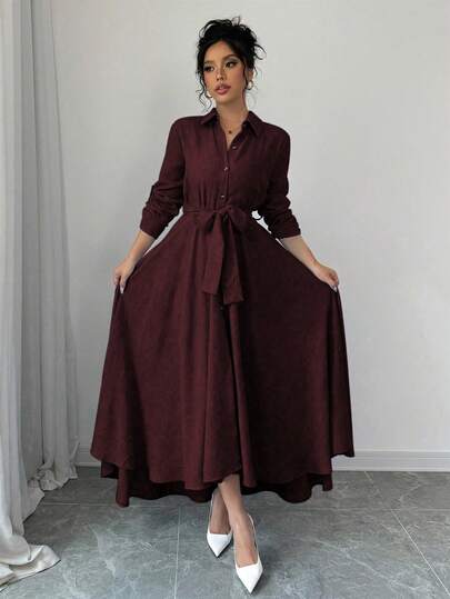 Elenzga Women's Casual/Office Solid Color Extra Long Shirt Dress