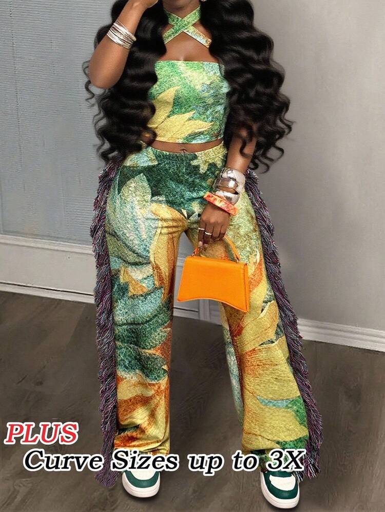 Slaydiva 2025 New Summer Casual Street Music Festival Bohemian Style Cross Halter Strap Short Vest + Tassels On Both Sides Straight Pants Wide Leg Pants Flowers And Plants Full Print Green Yellow Women's Plus - Multicolor - View 6