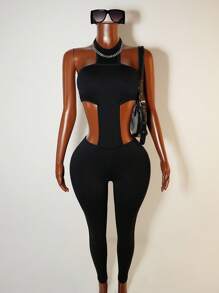 Mistrie Women's Sexy Backless Halter Neck Bodycon Jumpsuit, Summer - Black - View 8