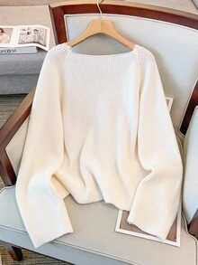EMERY ROSE New Elegant Lace Trim V-Neck Soft & Versatile Plus Size Knit Sweater Top For Women Fall Winter Cloth For Women Autumn - Beige - View 3