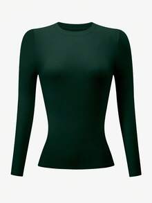 INAWLY Áo thun cổ tròn dài tay dáng ôm màu xanh ô liu cỡ lớn dành cho nữ - Nhiều màu - Xem 3