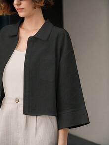 Uhlyne Women's Elegant Minimalist Solid Color Front Button Shirt, Suitable For Daily Commute - Black - View 4