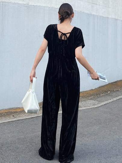 FRIFUL 女式黑色纯色天鹅绒露背束腰宽松休闲连体裤，百搭秋季
