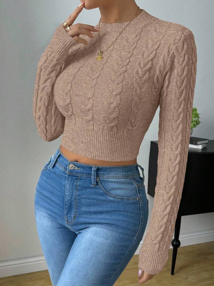 SHEIN Raffinéa Casual Solid Color Fitted Cropped Sweater, Autumn Fall Winter Cloth For Women - Khaki - View 1