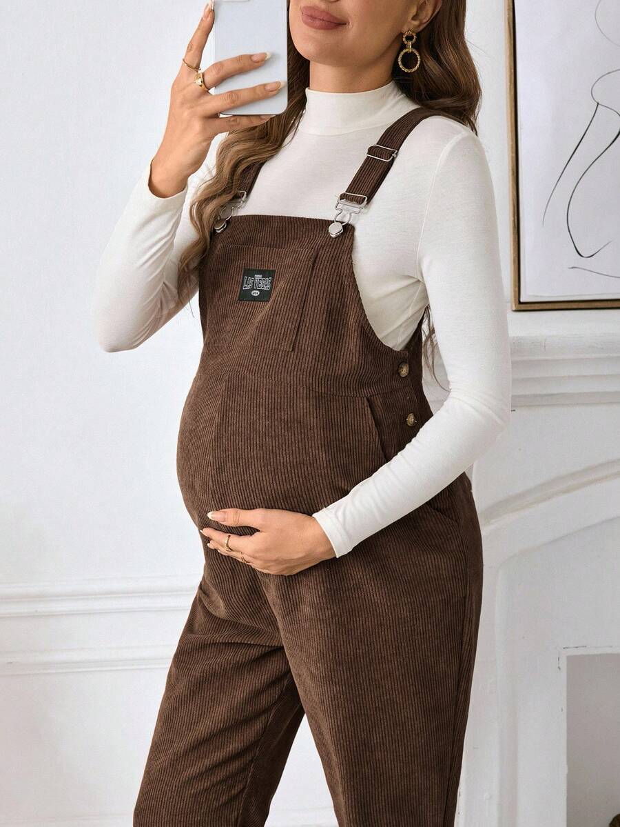 SHEIN Maternity Casual Loose Jumpsuit With Adjustable Shoulder Straps Maternity Jumpsuits For Women Maternity Clothes Maternity Overalls Corduroy Maternity Overalls Pregnancy Overalls - Chocolate Brown - View 1