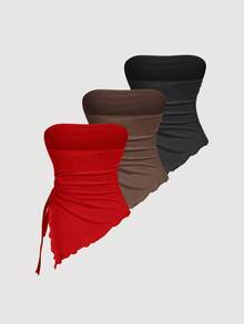 SHEIN MOD Top bustier à plis taille nouée sur les côtés, Top tube imprimé rétro, Top d'automne, Top de sortie, Débardeur marron - Rouge - Voir 2