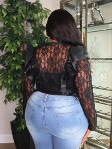 Hourglow Ceceforeign_ Spring And Summer Autumn And Winter Elegant Women's Black Lace Ruffled PU Patchwork Buttoned Cardigan Jacket, For Hourglass Body Shape