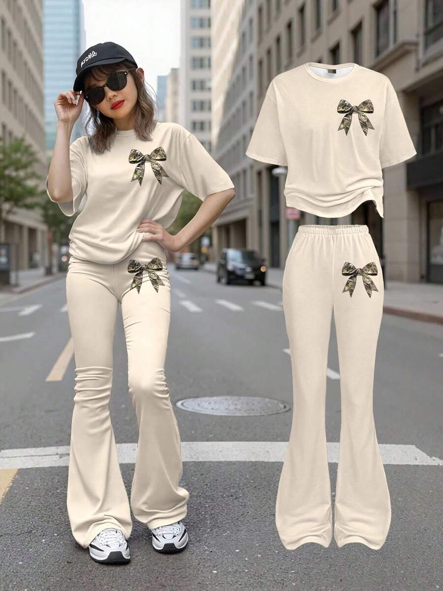 Conjunto de 2 piezas para adolescentes - Camiseta con decoración de lazo y pantalones de pierna ancha, conjunto de verano estilo "soft girl", ropa a juego para estar en casa, estilo callejero, nueva llegada 2025, conjunto a juego con estampado de lazos lindo - Multicolor - Ver 1