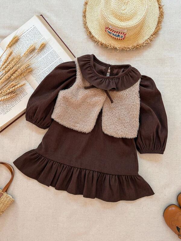 Blossori 2 Stücke/Set Baby Mädchen Französischer eleganter Rüschenkragen Kleid und Pelzweste Outfit