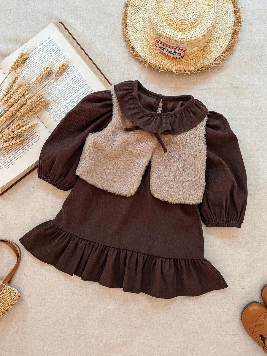 Blossori 2件套女婴法式优雅荷叶边领连衣裙和毛茸茸背心套装 - 棕色 - 查看 1