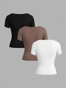 SHEIN EZwear 3 件女式黑色、浅棕色、白色短袖短款休闲修身 T 恤，适合夏季 - 彩色 - 查看 2