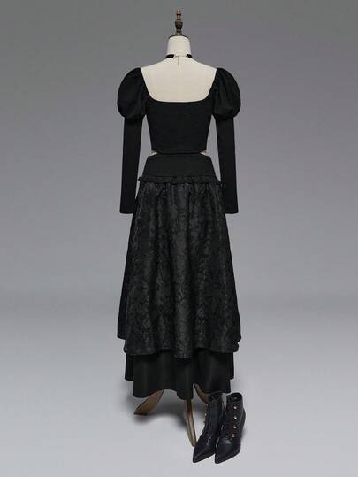 EDITION Top pour femmes à manches gigot avec broderie de lune et d'étoiles en verre teinté gothique noir, pour Halloween