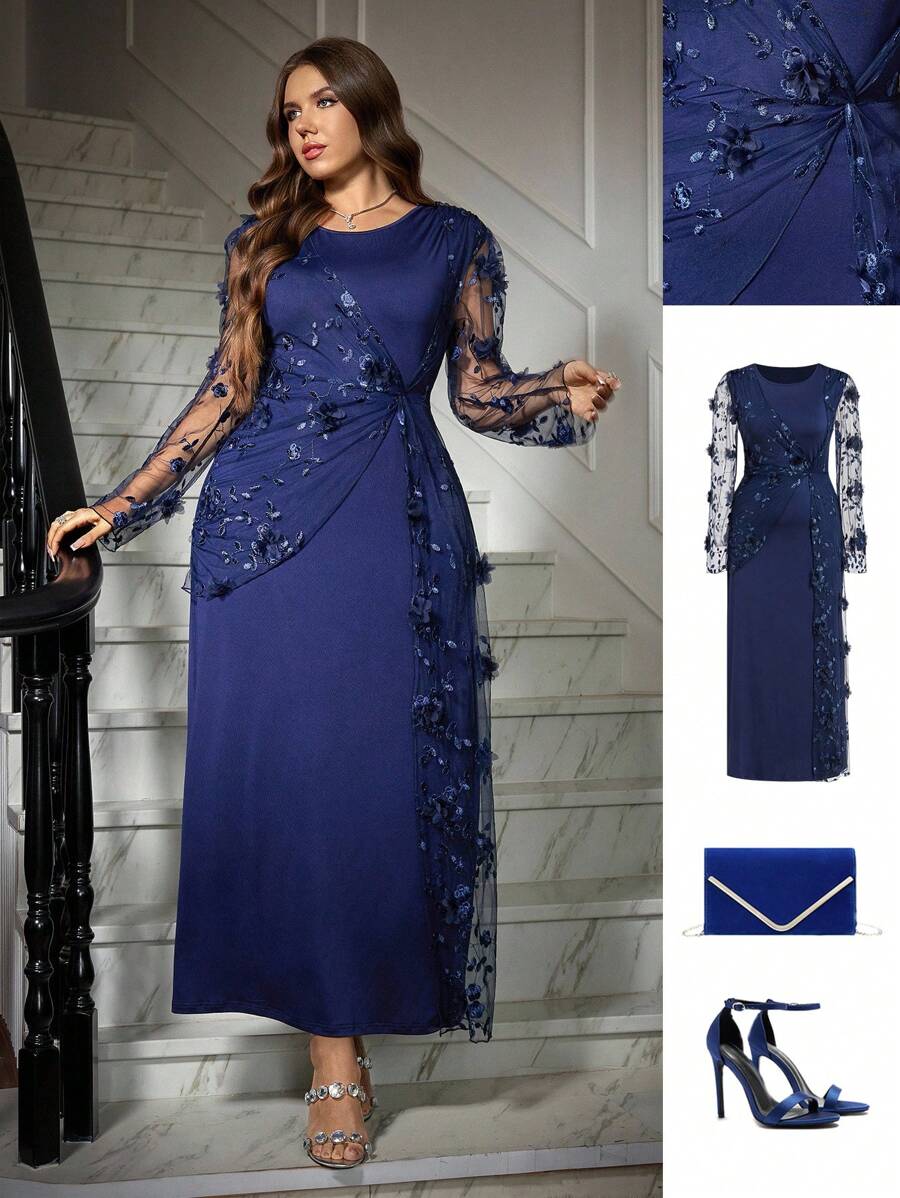 Ellevyn 大码优雅派对花卉刺绣网眼拼布连衣裙