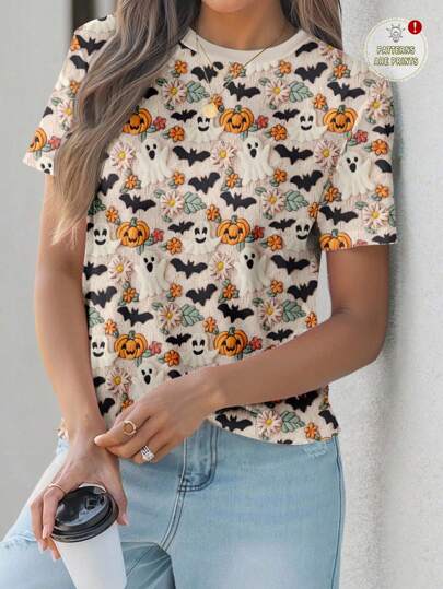 EMERY ROSE Plus Size Women's Beige Halloween T-Shirt,Cute Summer Holiday Pumpkin,Bat & Monster Graphic Print,Casual Round Neck Loose Fit Costume Party Apparel