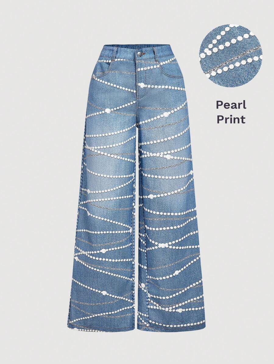 SHEIN MOD Light Wash Blue Pearl Print Palazzo Pants, Autumn - Light Wash - View 1