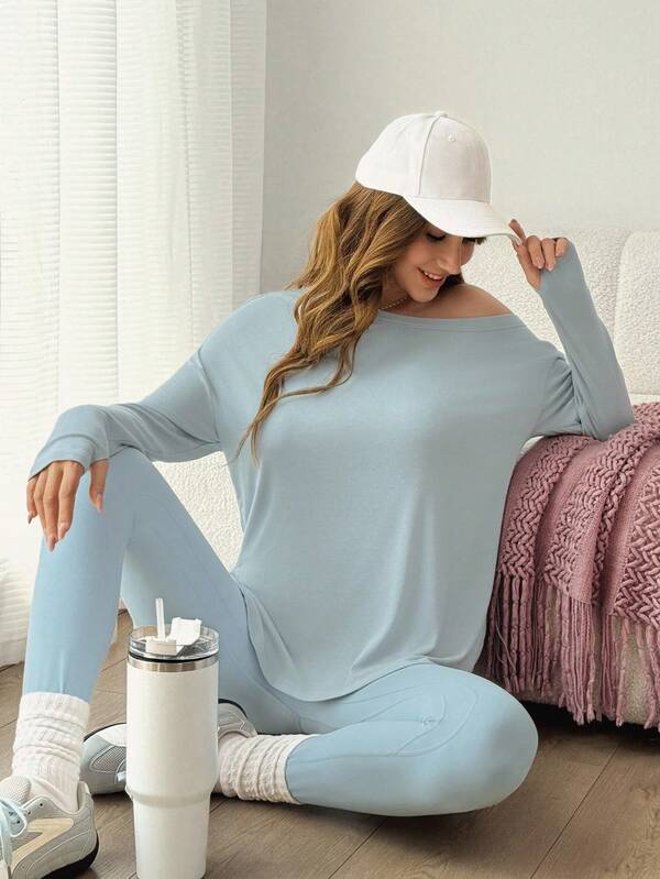 Sovereign Charm 女士纯色斜肩长袖休闲健身运动T恤