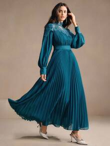 Anewsta 优雅手工串珠花卉拼布褶皱下摆长裙，适合秋季、优雅、别致、派对、圣诞节、新年、婚礼 - 墨綠色 - 查看 5