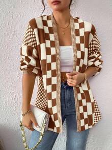 EMERY ROSE Damen Lässige Mode Schachbrettmuster Locker Strickjacke, Herbst/Winter - Khaki - Übersicht 4