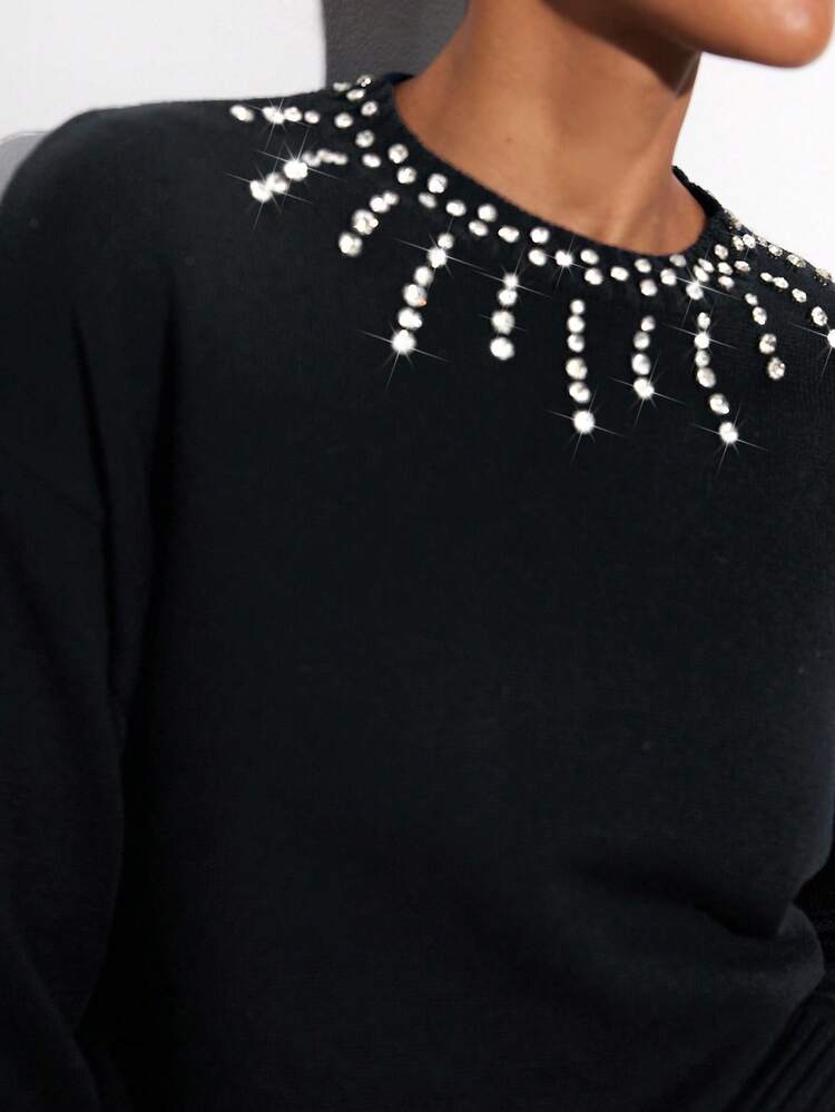 SHEIN Maija Sequin Rhinestone Decor Loose Fit Crew Neck Long Sleeve Knit Sweater For Women, Blue Christmas Christmas Sweater Sequin Sweater In Fall/Winter New Year Saudi National Day Party Old Money Winter For Women Thanksgiving For Women Elegant