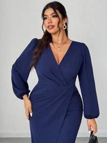 Elenzga Đầm maxi xẻ tà cổ chữ V tay dài thanh lịch cỡ lớn dành cho nữ, thích hợp cho tiệc tùng, tiệc cưới, mùa xuân/thu/đông - Màu xanh hải quân - Xem 6