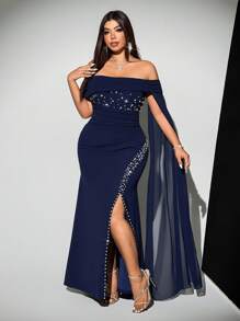 Viva Relle 大码女式优雅奢华派对/婚礼宾客轻盈连衣裙，串珠网眼，立领长袖，收腰 A 字裙 - 藏蓝色 - 查看 5