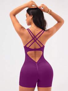 Core Rhythm Purple Sleeveless Tank Jumpsuit With Cut-Out Back Design For Active Women Fitness Bodysuit Workout Romper - Purple - View 3
