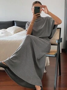 Livesso 2 件套女士宽松休闲宽松 T 恤和裙子套装，秋冬秋季 - 灰色 - 查看 5