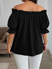 Easura 大码女式可变换露肩衬衫，优雅上班，蝴蝶结装饰，露肩上衣 - 黑色 - 查看 2