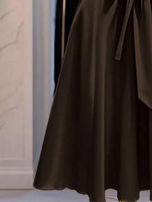 Franclia 女士优雅纯色束腰连衣裙 - 咖啡 - 查看 4