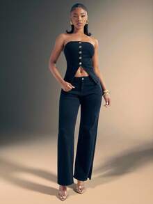 无肩带纽扣前束腰牛仔抹胸 - 黑色 - 查看 3