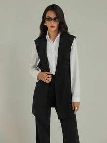 Modelyn 女士黑色无袖垫肩时尚西装外套和高腰阔腿裤套装 - 黑色 - 查看 7