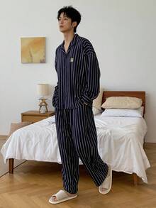 DAZY Navy Blue Striped Shirt With Embroidered Design Men's Loungewear Set, Autumn, Fall Clothes Pajama - Multicolor - View 4