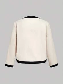 SHEIN MOD Chaqueta de mujer talla grande con contraste de blanco y negro, decoración de lazo, chaqueta de lazo talla grande, cárdigan de lazo para mujer, elegante abrigo de otoño e invierno, color albaricoque otoñal