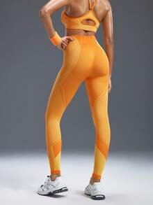 Powerista 时尚条纹高腰修身收腹运动紧身裤瑜伽女裤 - 黃色 - 查看 2