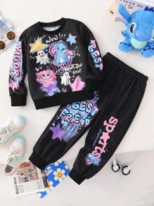 SHEIN 2 piezas Conjunto de sudadera con estampado de graffiti para niñas, conjunto deportivo de otoño - Negro - Ver 6