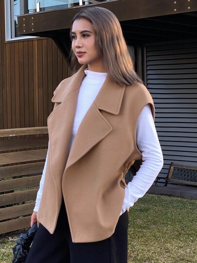 DAZY 女士休闲纯色宽松无袖羊毛大衣，秋冬夹克背心