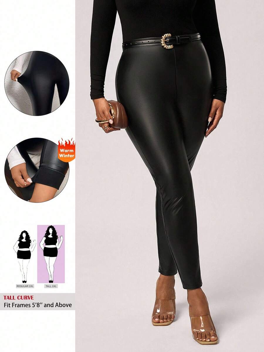 SHEIN Tall CURVE Plus Size Fashionable Metallic High Waist Leggings, Suitable For Autumn/Winter - Black - View 1