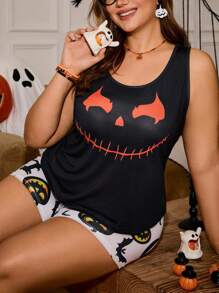 Miss Vinta Plus Size Women Halloween Pumpkin Print Cami Top And Shorts Pajama Set, For Halloween Party - متعدد الألوان - مشاهدة 3