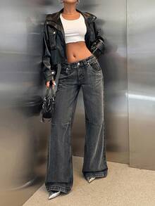 cottnline RueChic Low Waist Wide Leg Special Wash Jeans - Black - View 3