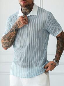 Manfinity Homme 男士优质纹理 Polo 衫，撞色领口，送给男朋友或丈夫的理想礼物，蓝白条纹，复古风格 - 淺藍色 - 查看 4