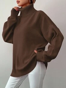 EURMUSE 女士休闲纯色高领宽松毛衣，适合秋冬季 - 棕色 - 查看 3