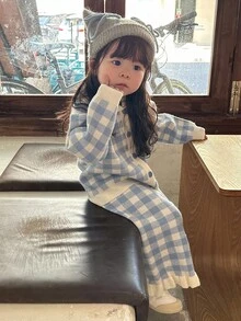 DAZY 2件套女婴格子韩版可爱毛衣外套和针织裤套装秋冬