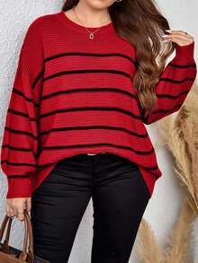 EURMUSE Plus Size Plus Size Loose Fit Colorblock Striped Pullover Sweater - Red - View 1