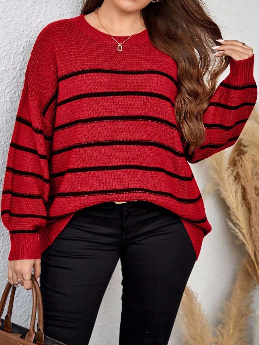 EURMUSE Plus Size Plus Size Loose Fit Colorblock Striped Pullover Sweater - Red - View 1
