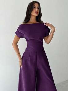 Firerie 夏季新款女士优雅休闲通勤白色落肩上衣和阔腿裤套装 - 紫色 - 查看 4