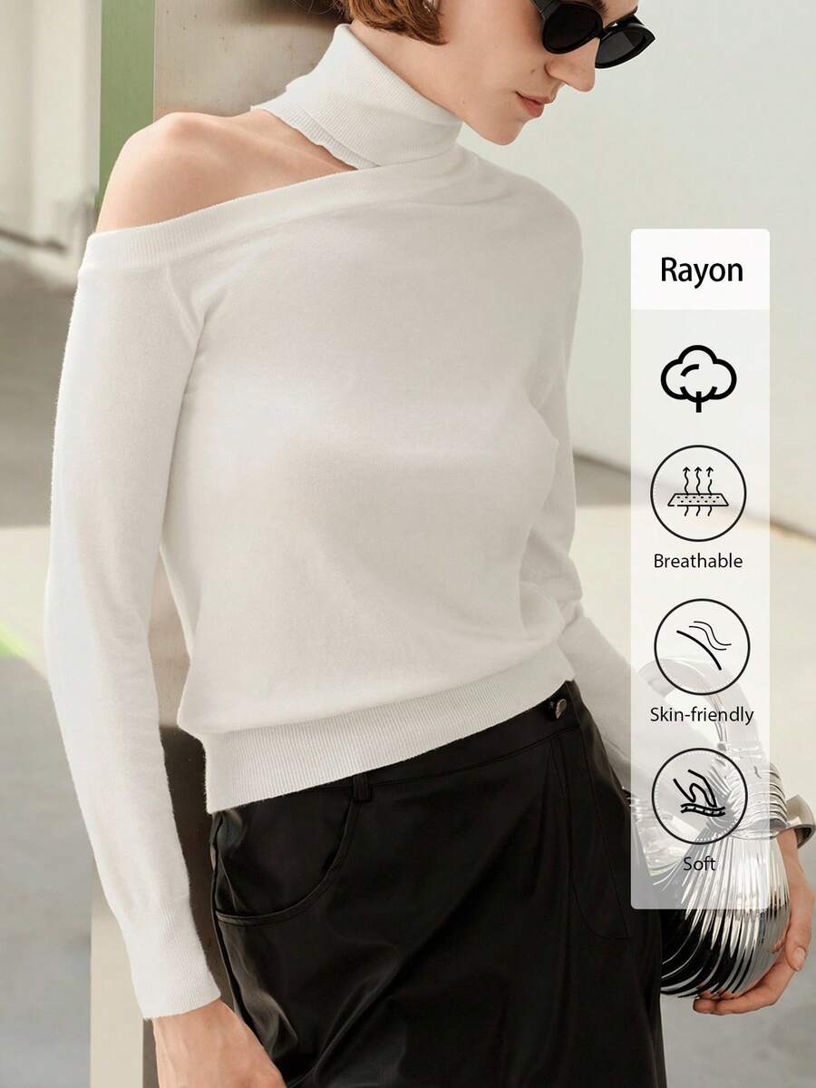 Uhlyne Uhlyne Pull en tricot blanc minimaliste, élégant et polyvalent pour femmes. Col montant asymétrique, ajusté. Idéal pour le bureau, l'école, l'automne. Tenue de travail modeste et neutre en tricot tout blanc pour le printemps, l'automne et l'hiver.